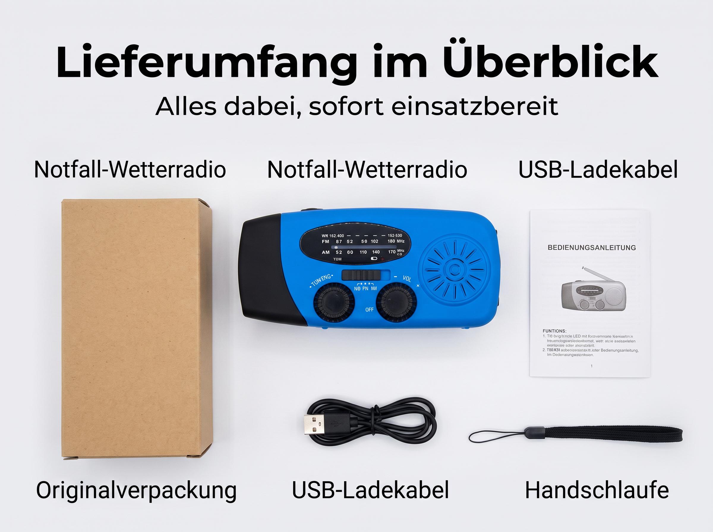 Notfall-Wetterradio mit Box, USB-Ladekabel, Anleitung und Handschlaufe.
