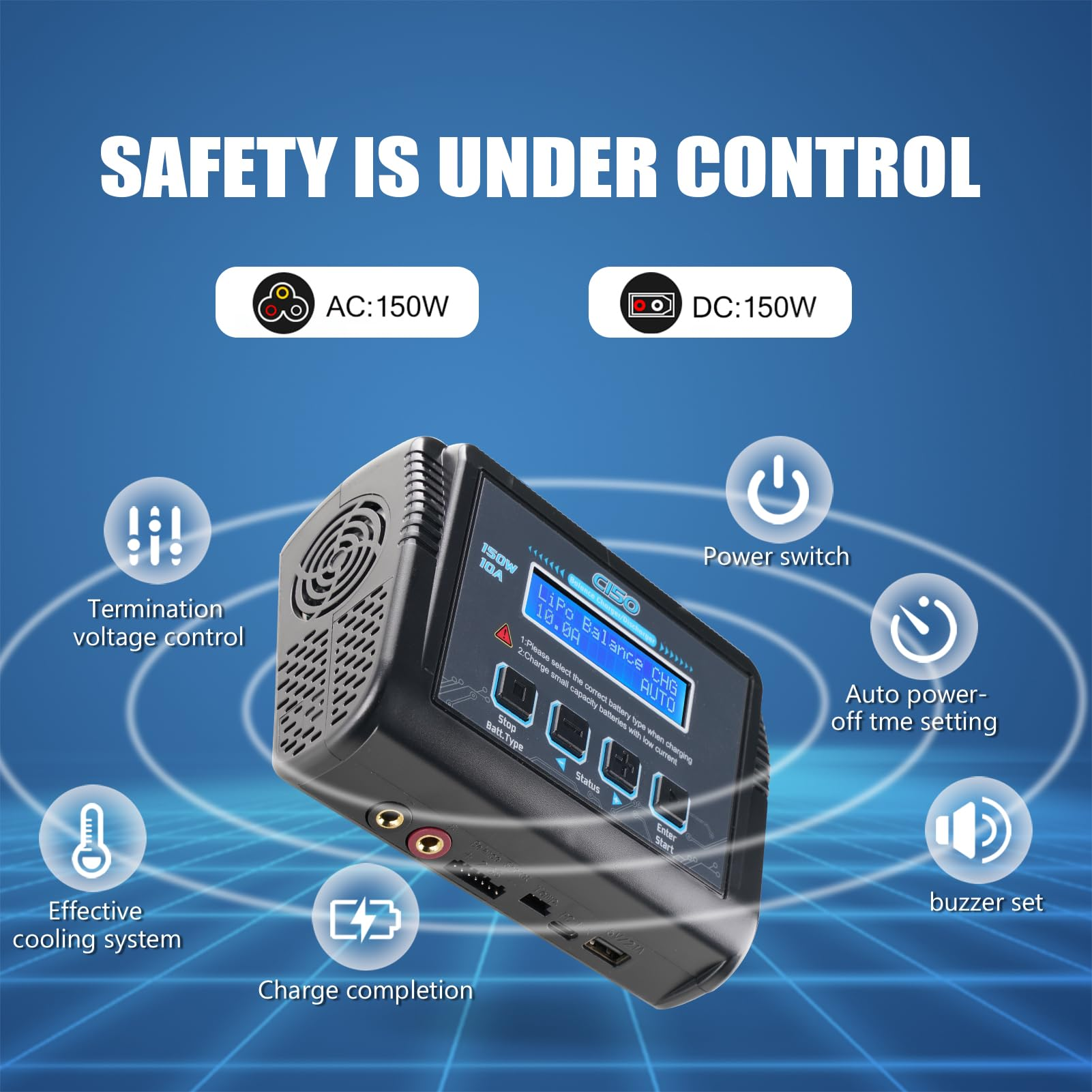 Un caricabatterie Lipo intelligente con schermo LCD e varie icone di sicurezza e controllo.