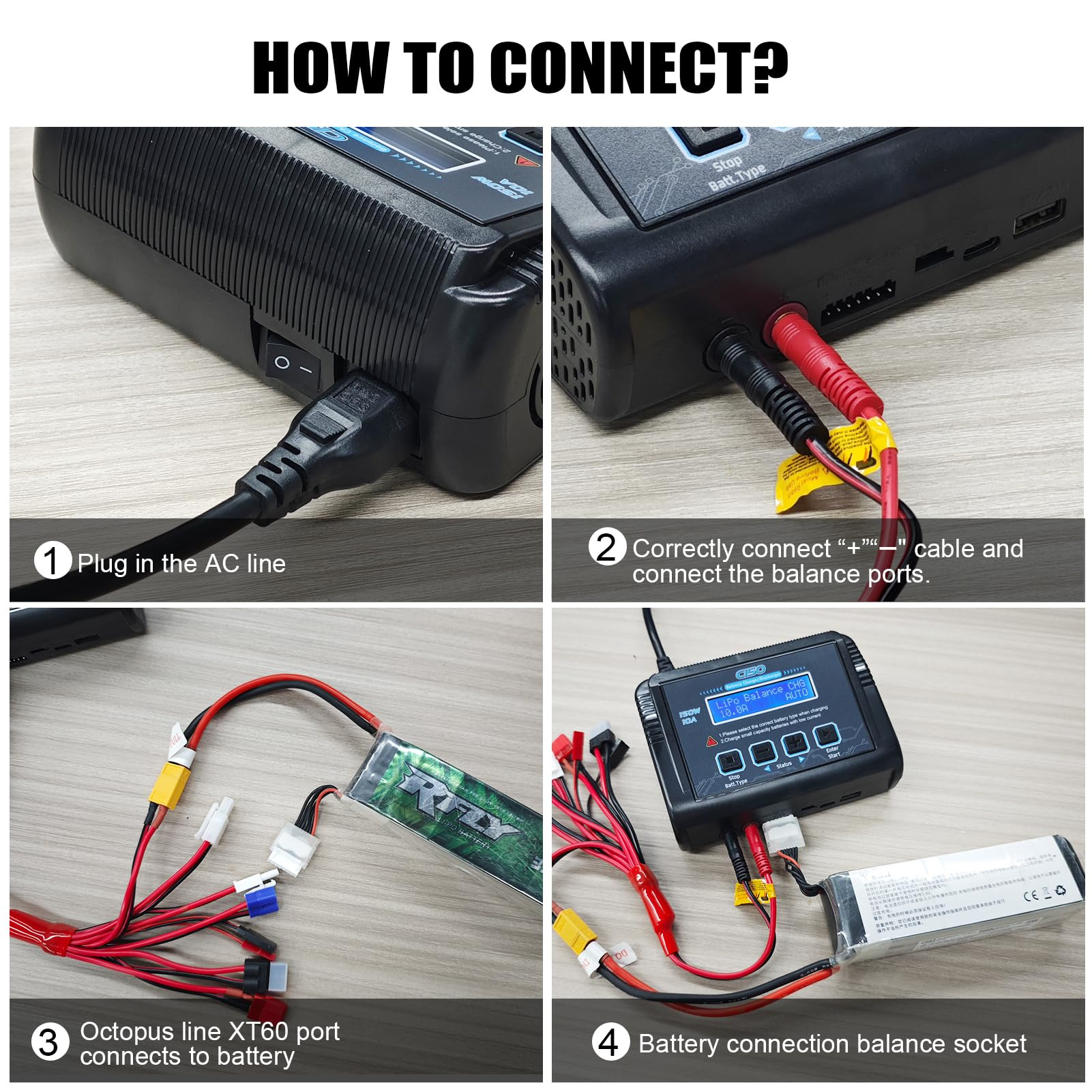 Guida in quattro fasi su come collegare il cavo AC, i cavi di ricarica e la presa di bilanciamento della batteria.
