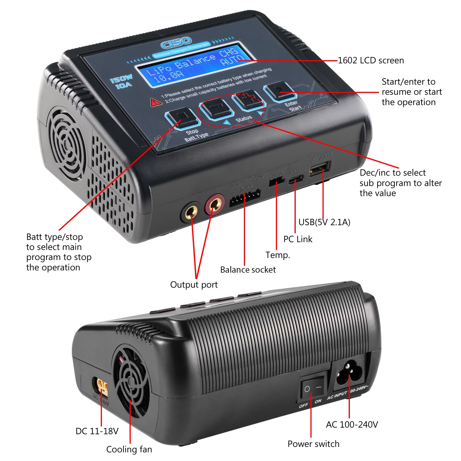Diagramma etichettato di un caricabatterie CISO LiPo con pulsanti, schermo LCD e porte.