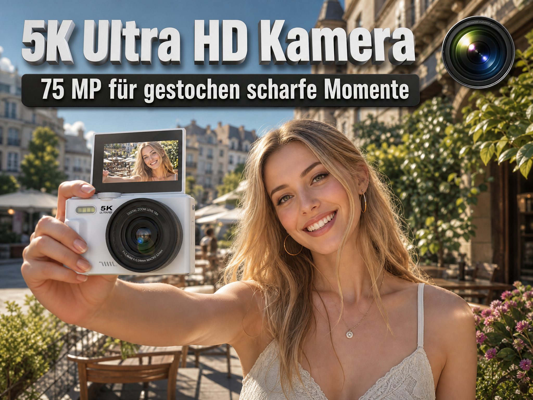 Eine lächelnde Frau macht draußen in einer sonnigen Straße ein Selfie mit einer weißen 5K-Kamera.