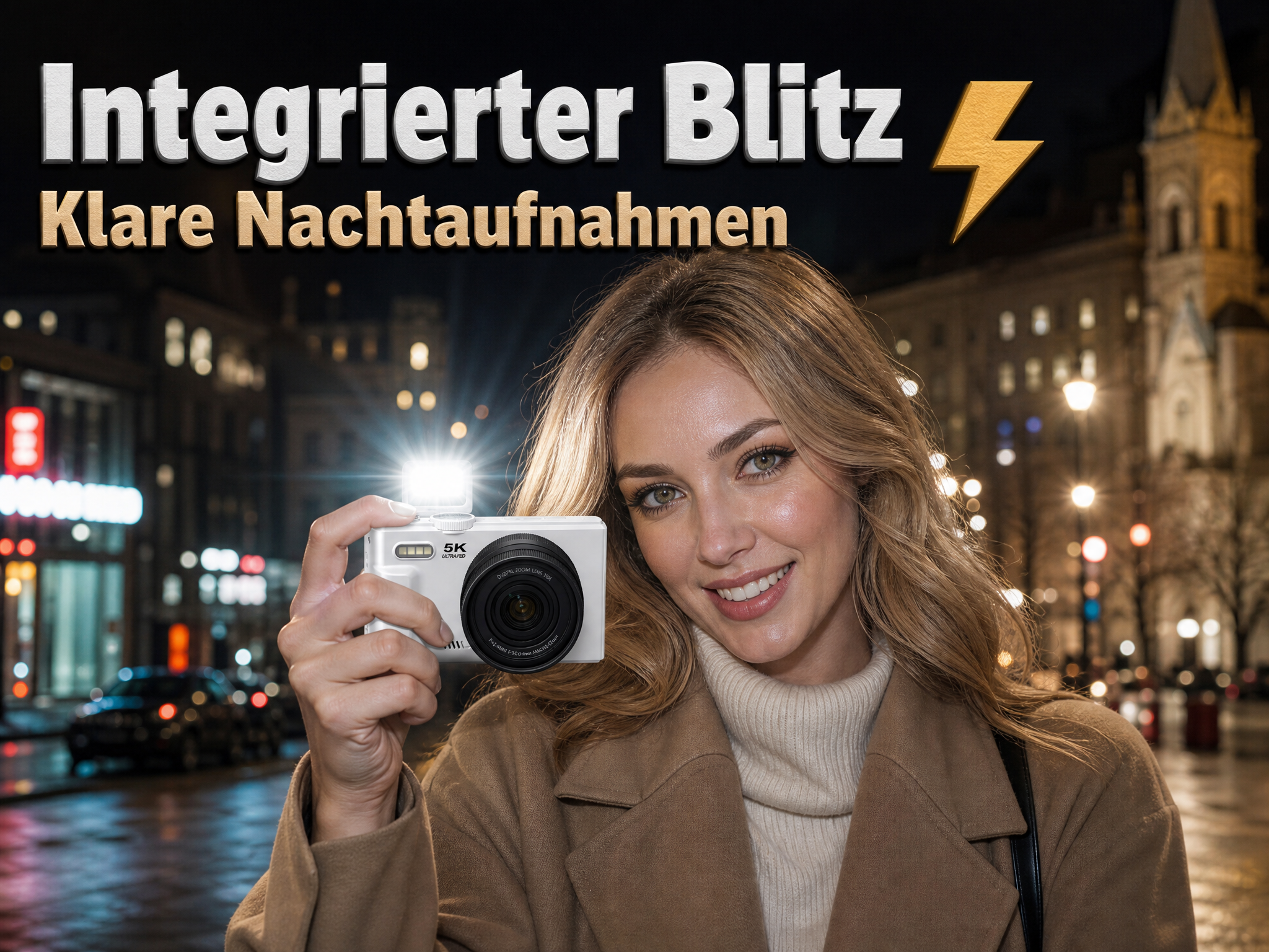 Eine Frau hält eine weiße Digitalkamera mit integriertem Blitz vor nächtlicher Stadtkulisse.