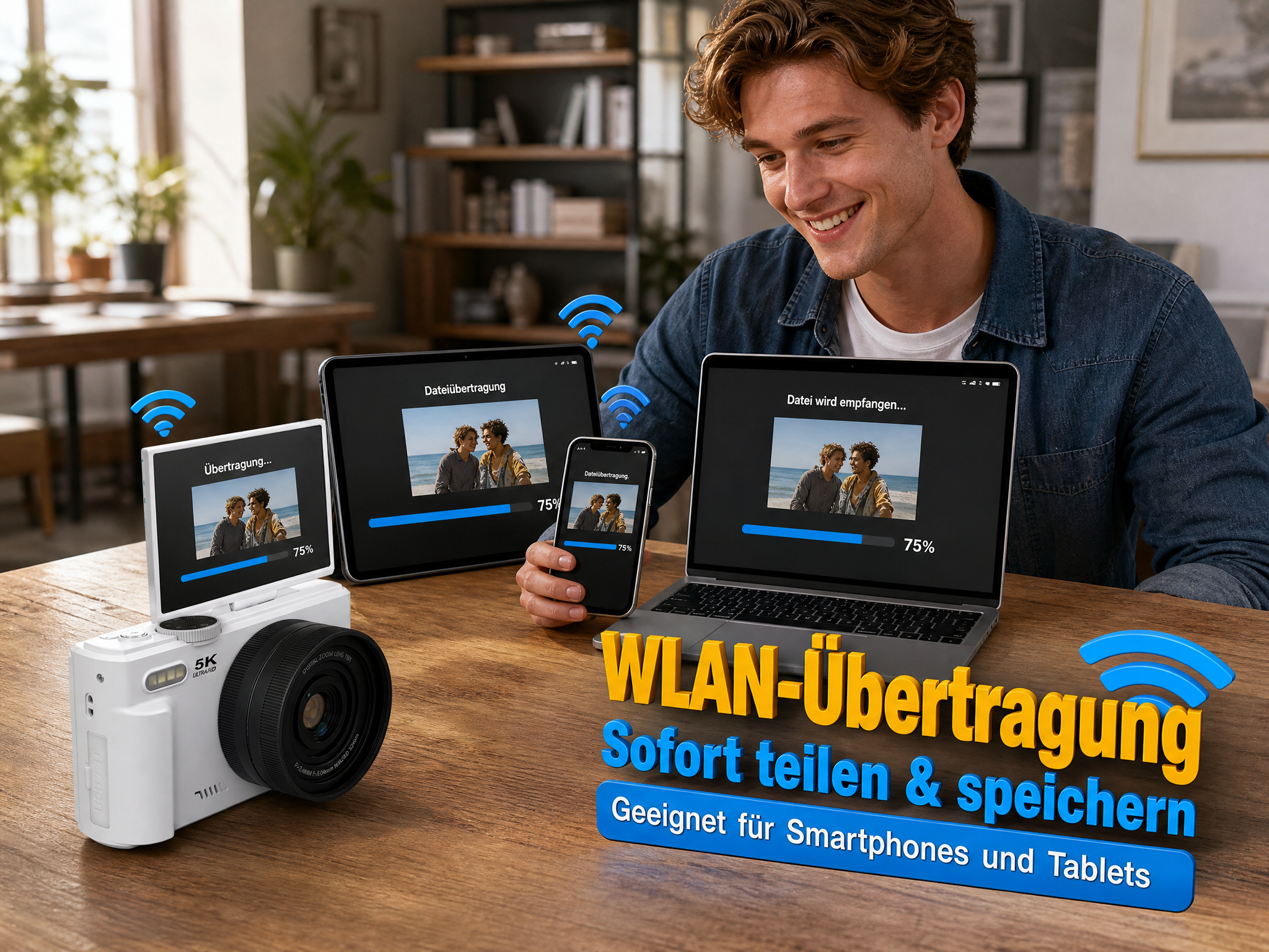 Ein Mann teilt Fotos kabellos von einer Kamera zu Tablet, Smartphone und Laptop.
