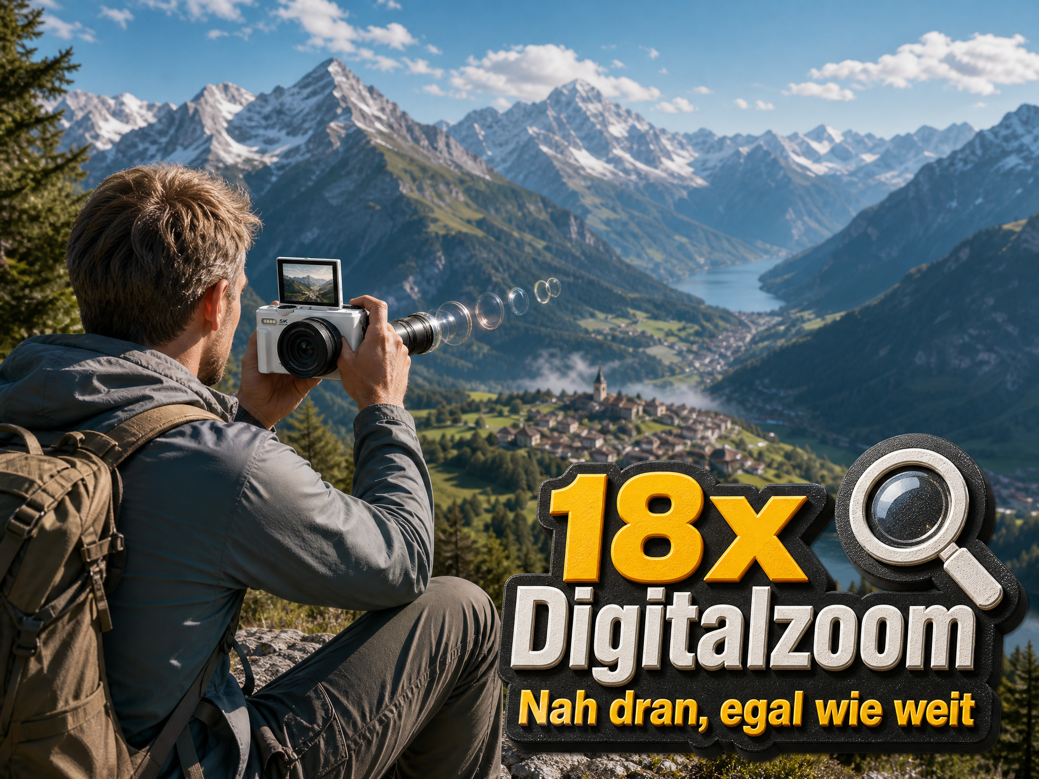 Wanderer fotografiert Alpenlandschaft mit Kamera. Text zeigt 18x Digitalzoom.