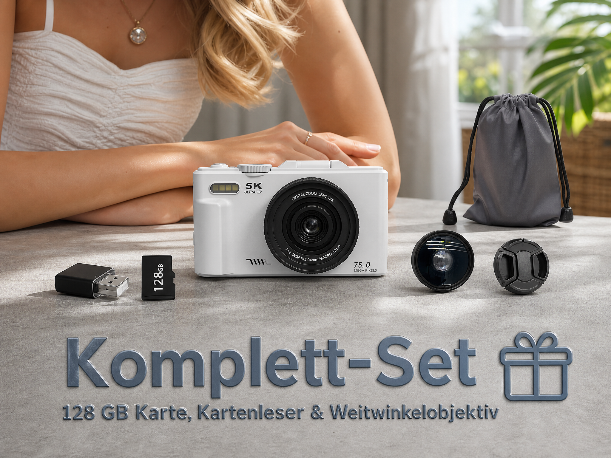 Weiße 5K-Kamera mit Zubehör auf Tisch, im Hintergrund eine Person.
