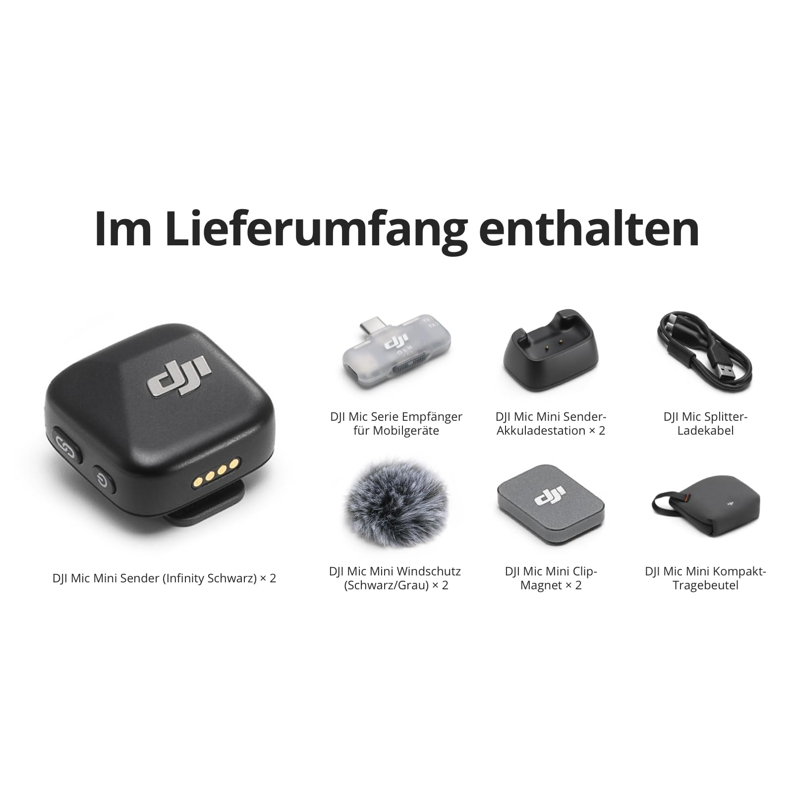 Übersicht über den Lieferumfang eines DJI Mic Mini Sets mit Sendern, Empfänger, Ladeschale, Kabel und Zubehör.
