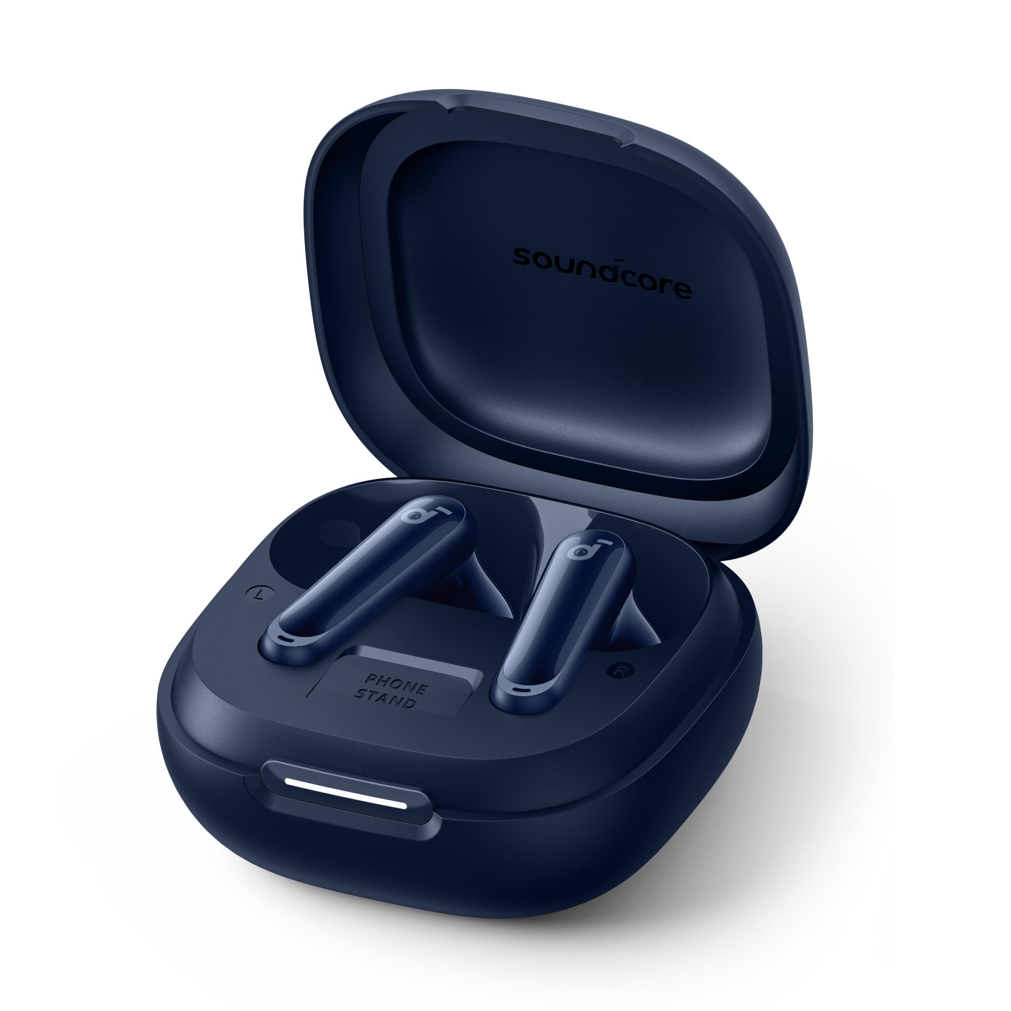 Écouteurs sans fil Soundcore bleu foncé dans un étui de charge ouvert avec support de téléphone.