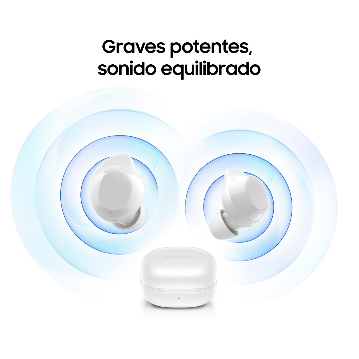 Auricolari bianchi Samsung con custodia, circondati da onde sonore blu, su sfondo bianco.