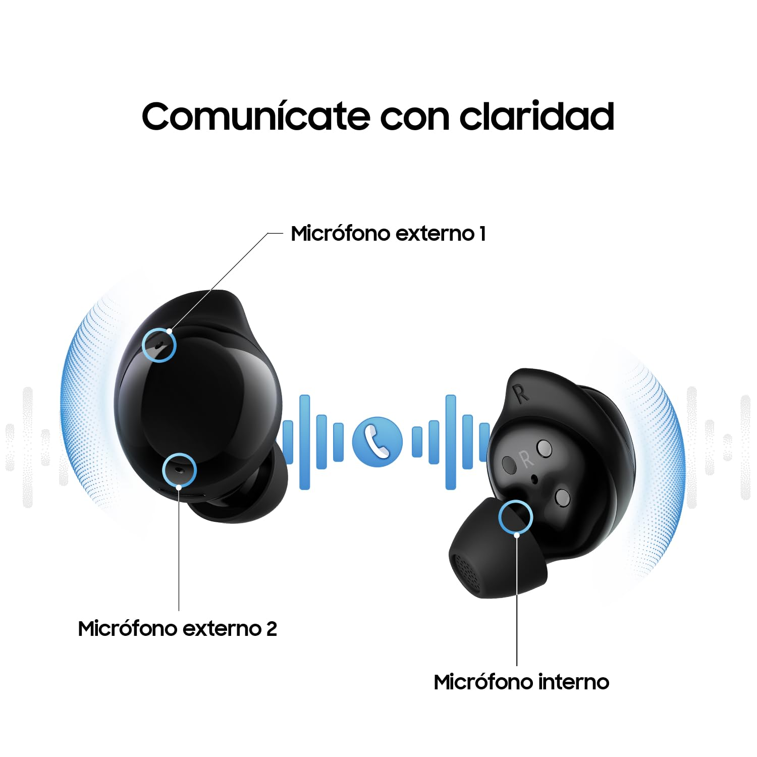 Auricolari neri con microfoni esterni e interni evidenziati e grafiche di onde sonore blu.