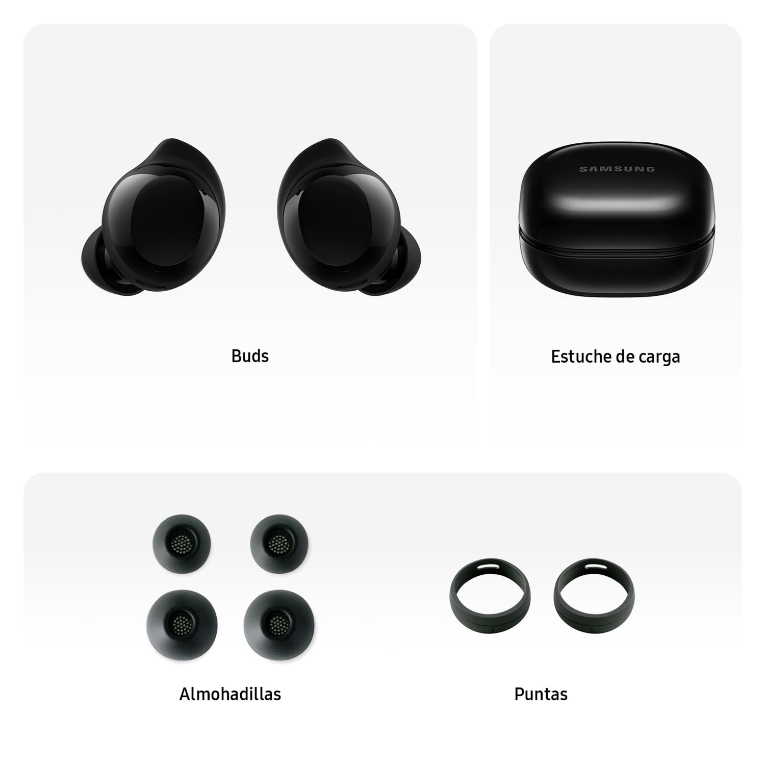 Galaxy Buds neri Samsung con custodia di ricarica, cuscinetti e alette.