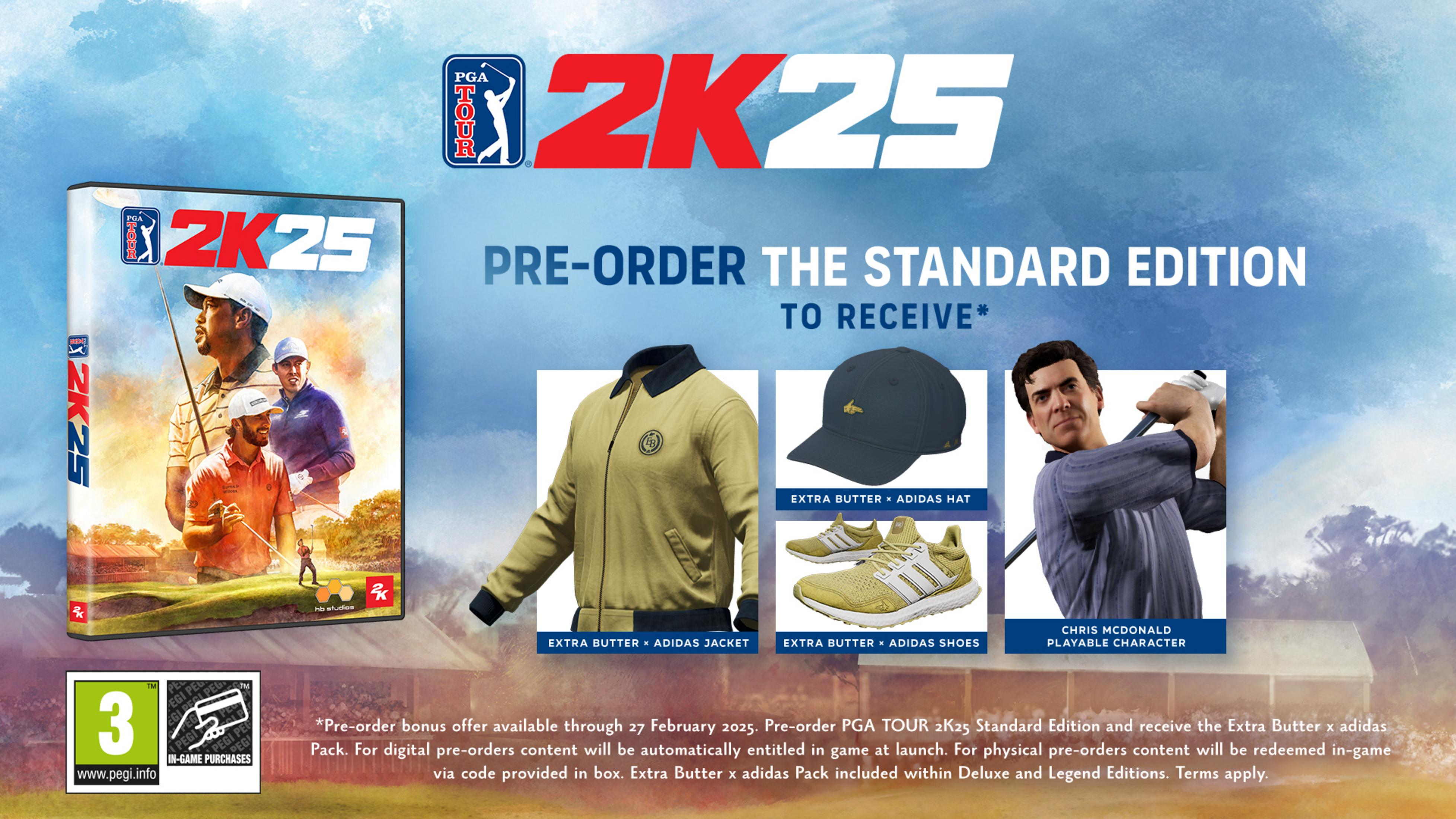 Promocja przedsprzedaży PGA Tour 2K25 z okładką gry, kurtką, czapką, butami i postacią Chrisa McDonalda.