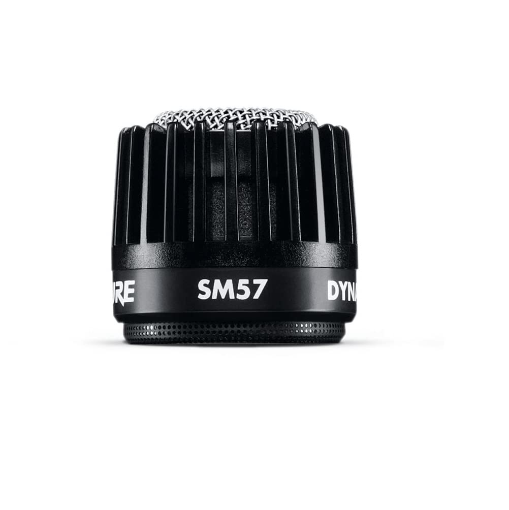 Capsule de microphone Shure SM57 noire avec grille métallique argentée sur fond blanc.