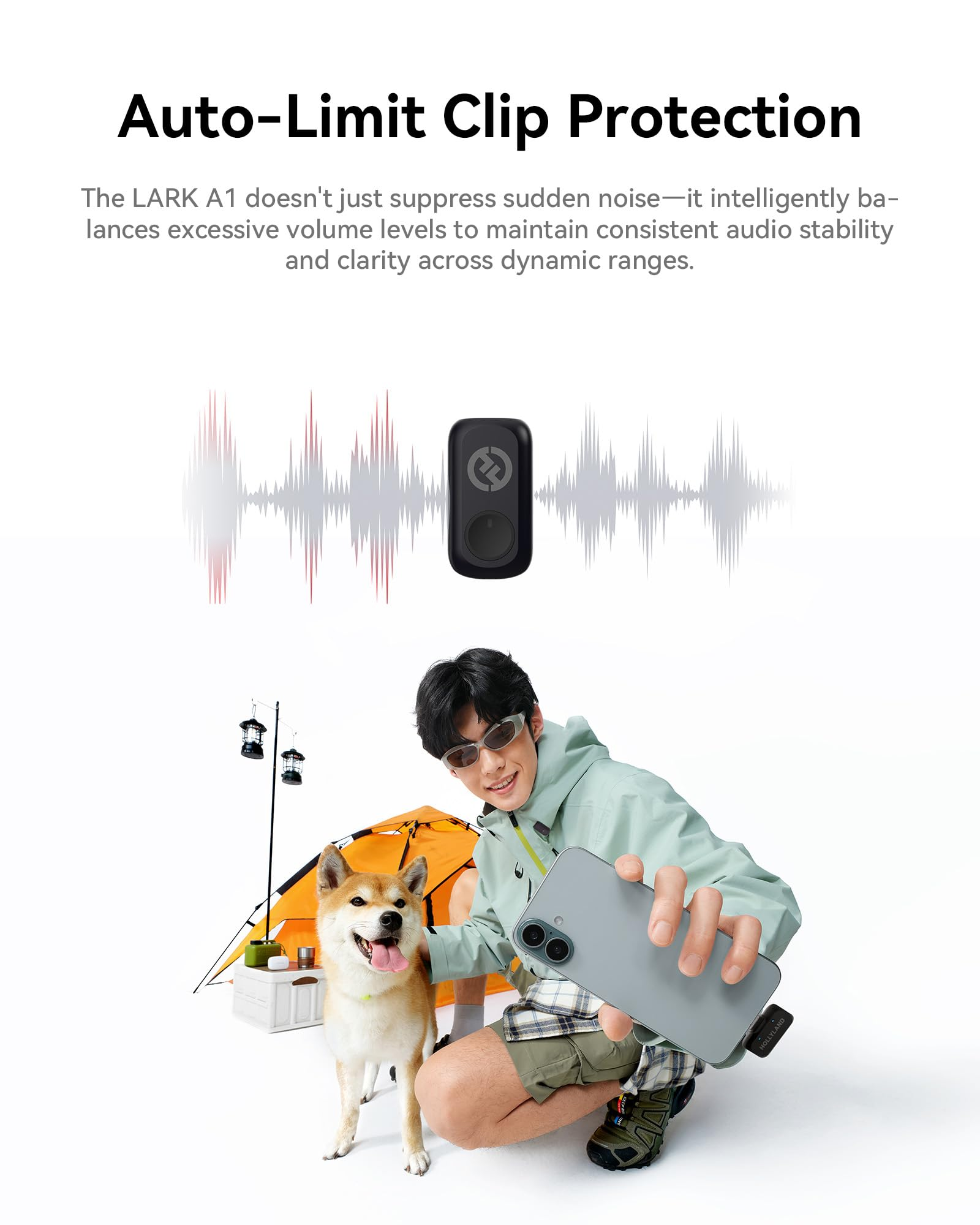 Ein Mann mit Hund und Zelt macht ein Selfie; im Hintergrund ist eine Audiowelle zu sehen.