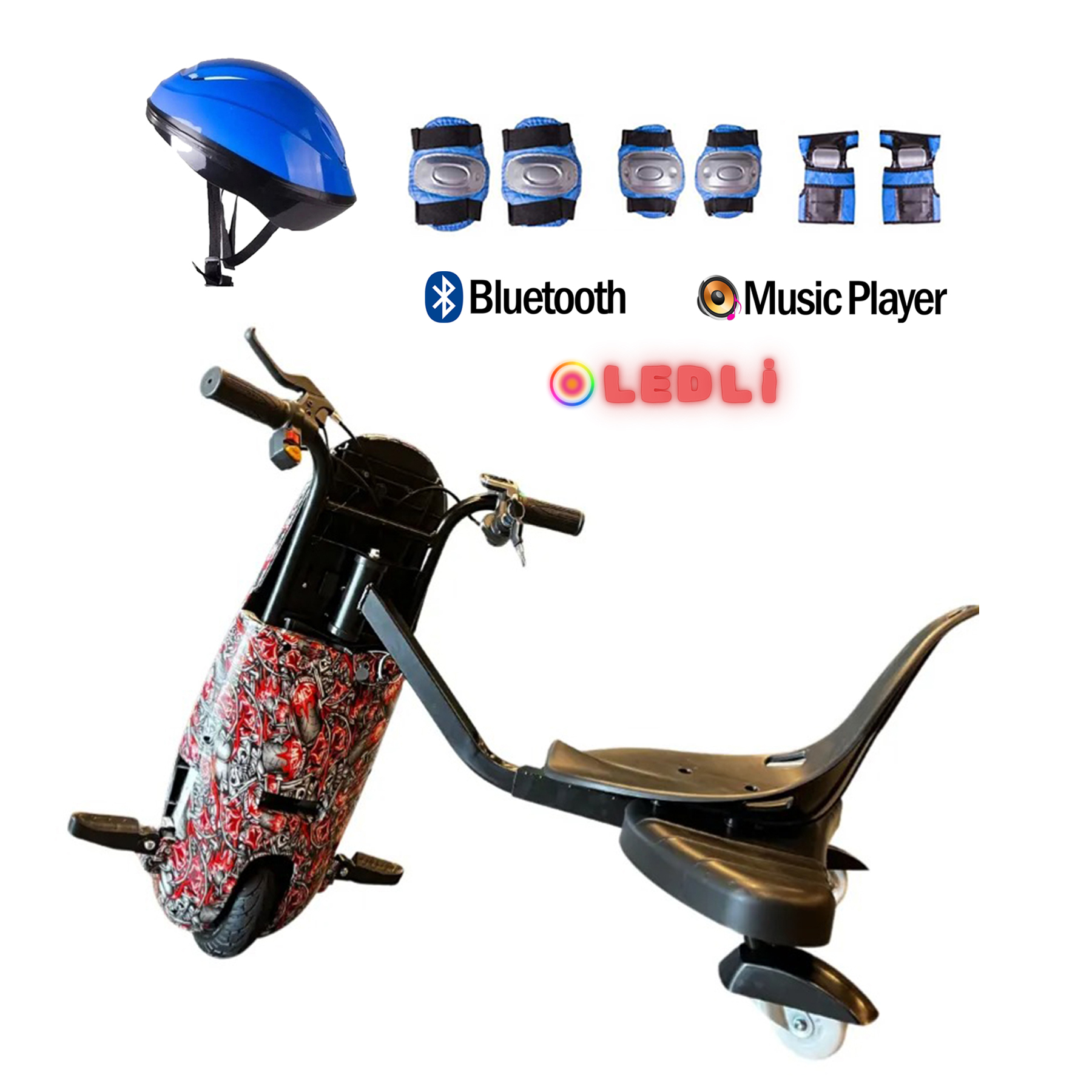 Kırmızı ve siyah desenli elektrikli drift trike, kask, korumalar ve Bluetooth ile müzik simgeleri.