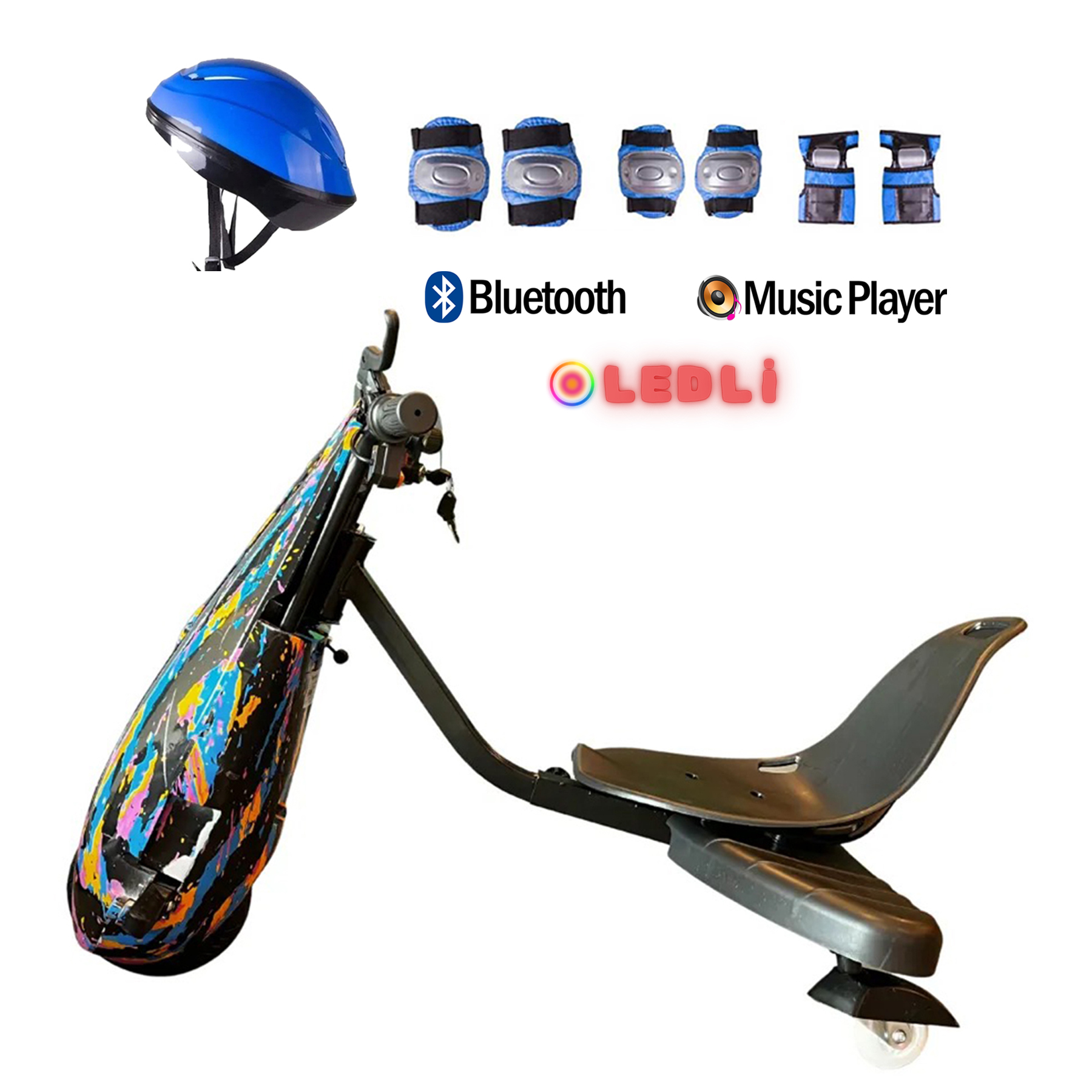 Kasklı, korumalı, Bluetooth'lu ve müzik çalar özellikli renkli üç tekerlekli scooter.