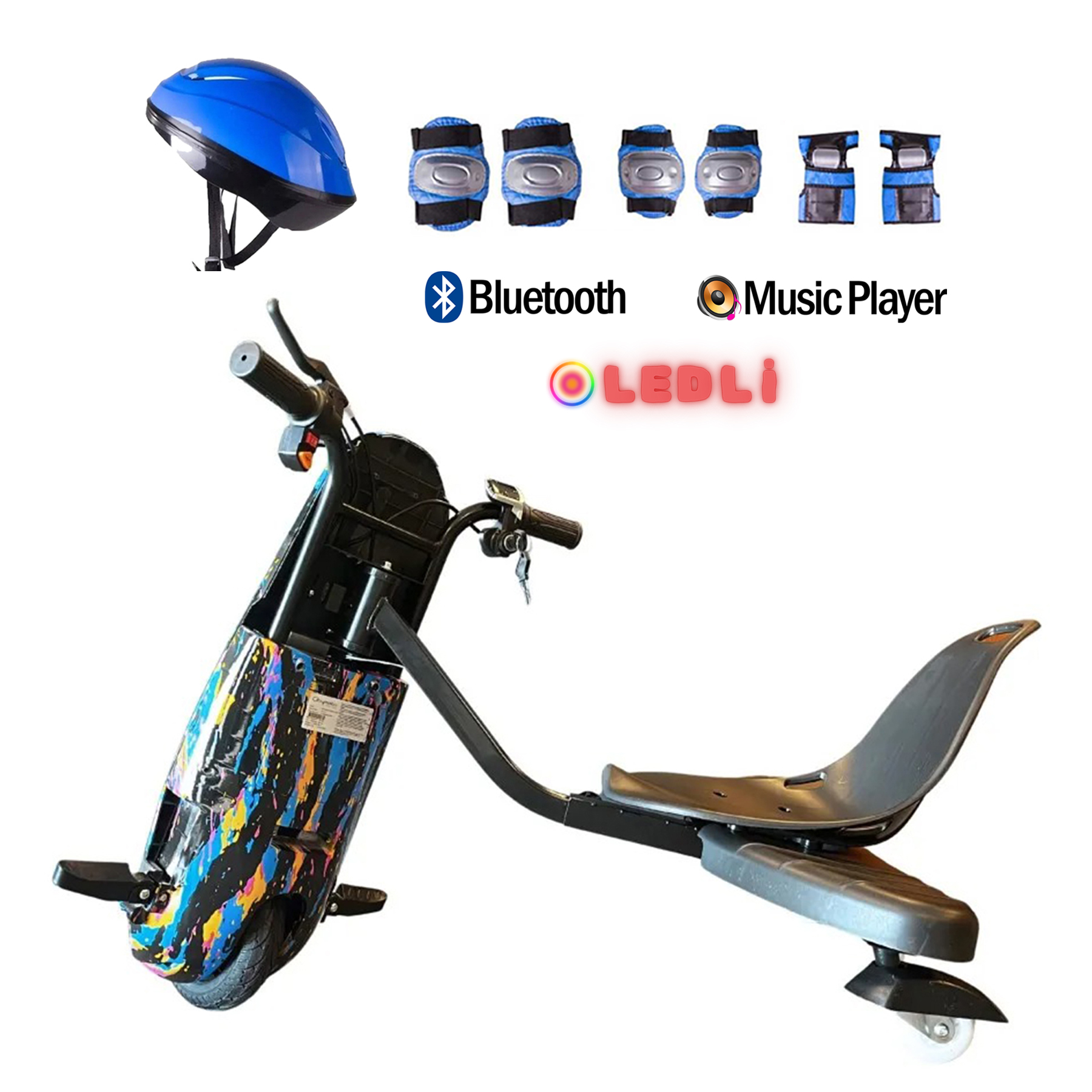 Renkli desenli elektrikli drift scooter, kask, dizlik ve Bluetooth simgesi.
