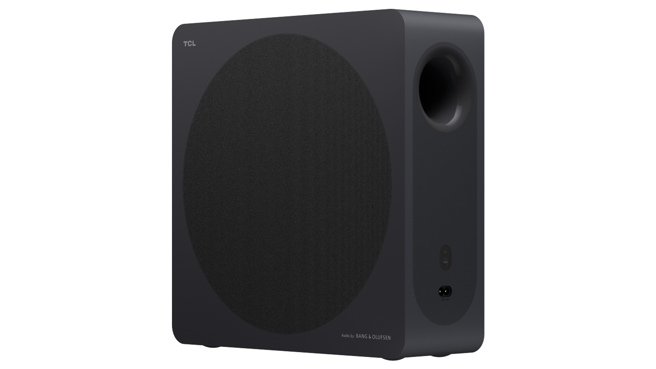 Un subwoofer TCL negro con una rejilla de altavoz redonda grande y un puerto de graves lateral sobre fondo blanco.