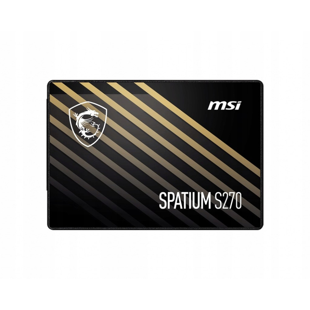 MSI SPATIUM S270 SSD mit schwarzem Gehäuse, goldenen Streifen, weißem MSI-Logo und Drachenwappen.