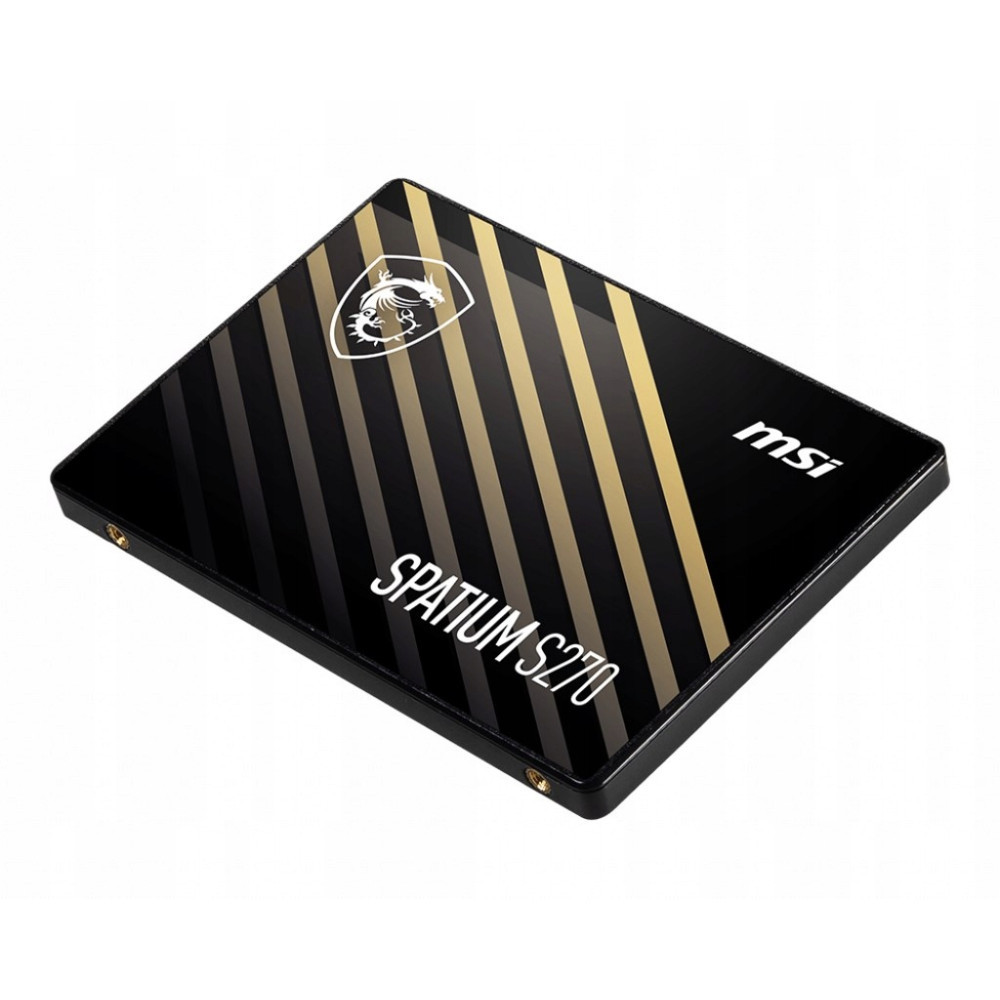 MSI SPATIUM S270 2,5-Zoll-SATA-SSD mit schwarzem Gehäuse, goldenen Streifen und dem MSI-Drachenlogo auf weißem Hintergrund.