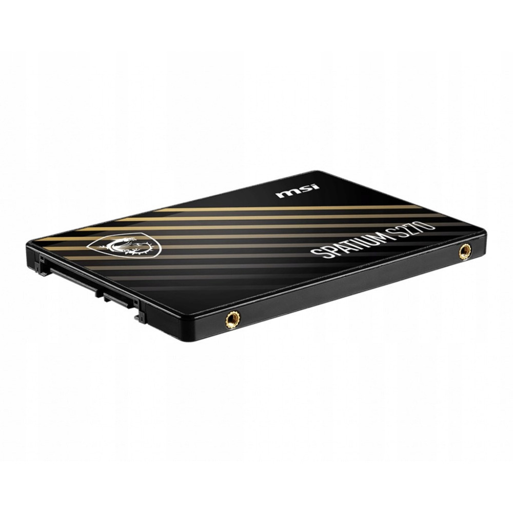 MSI Spatium S270 2,5-Zoll-SATA-SSD mit einem schwarz-gold gestreiften Etikett auf weißem Hintergrund.