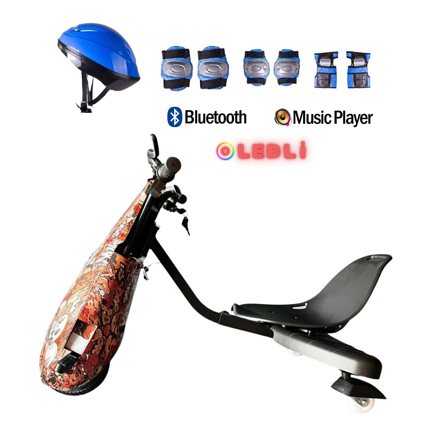 Beyaz arka planda kask, korumalar, Bluetooth ve müzik çalara sahip kırmızı-siyah desenli bir go-kart scooter.