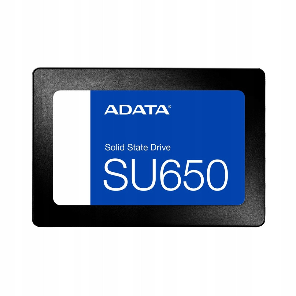 Schwarze ADATA SU650 Solid State Drive mit blauer und weißer Beschriftung auf weißem Hintergrund.