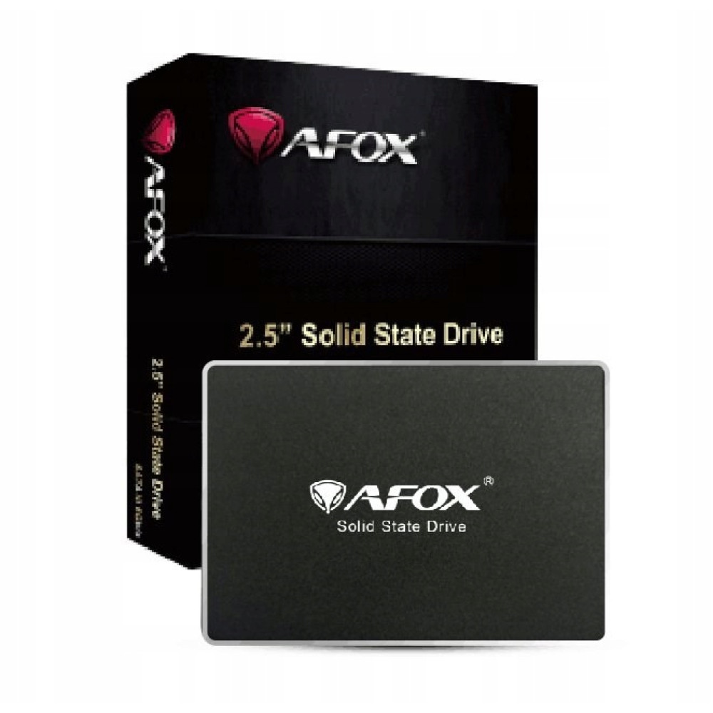Ein schwarzes Afox 2.5" Solid State Drive liegt vor der dazugehörigen schwarzen Verpackung mit rotem Logo.