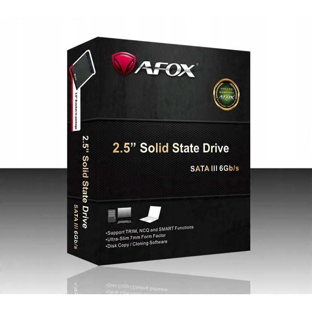 Schwarze AFOX 2,5-Zoll-SSD-Produktverpackung mit goldenen Aufschriften.