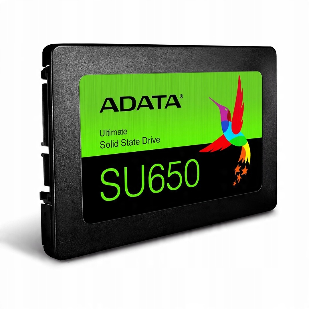 A black ADATA SU650 solid state drive with a green label and a colorful hummingbird logo.