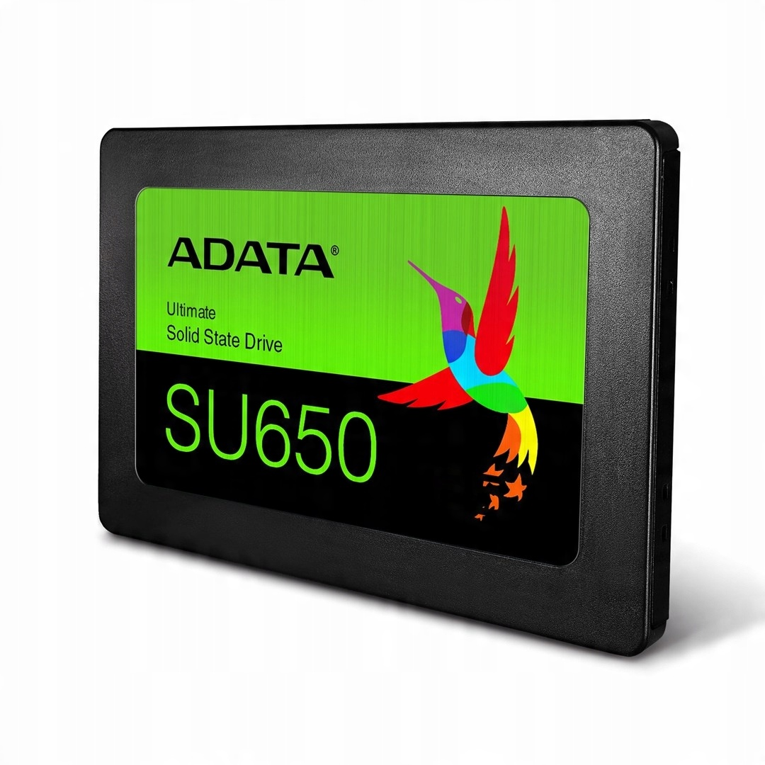 Black ADATA SU650 solid state drive with green label and colorful hummingbird logo.