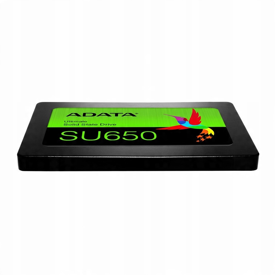 Black ADATA SU650 SSD with green label and hummingbird logo on a white background.