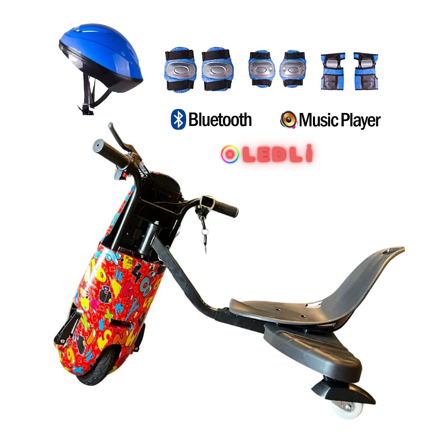 Kask ve koruyucu ekipman, Bluetooth ve müzik çalar özellikli elektrikli drift trike.