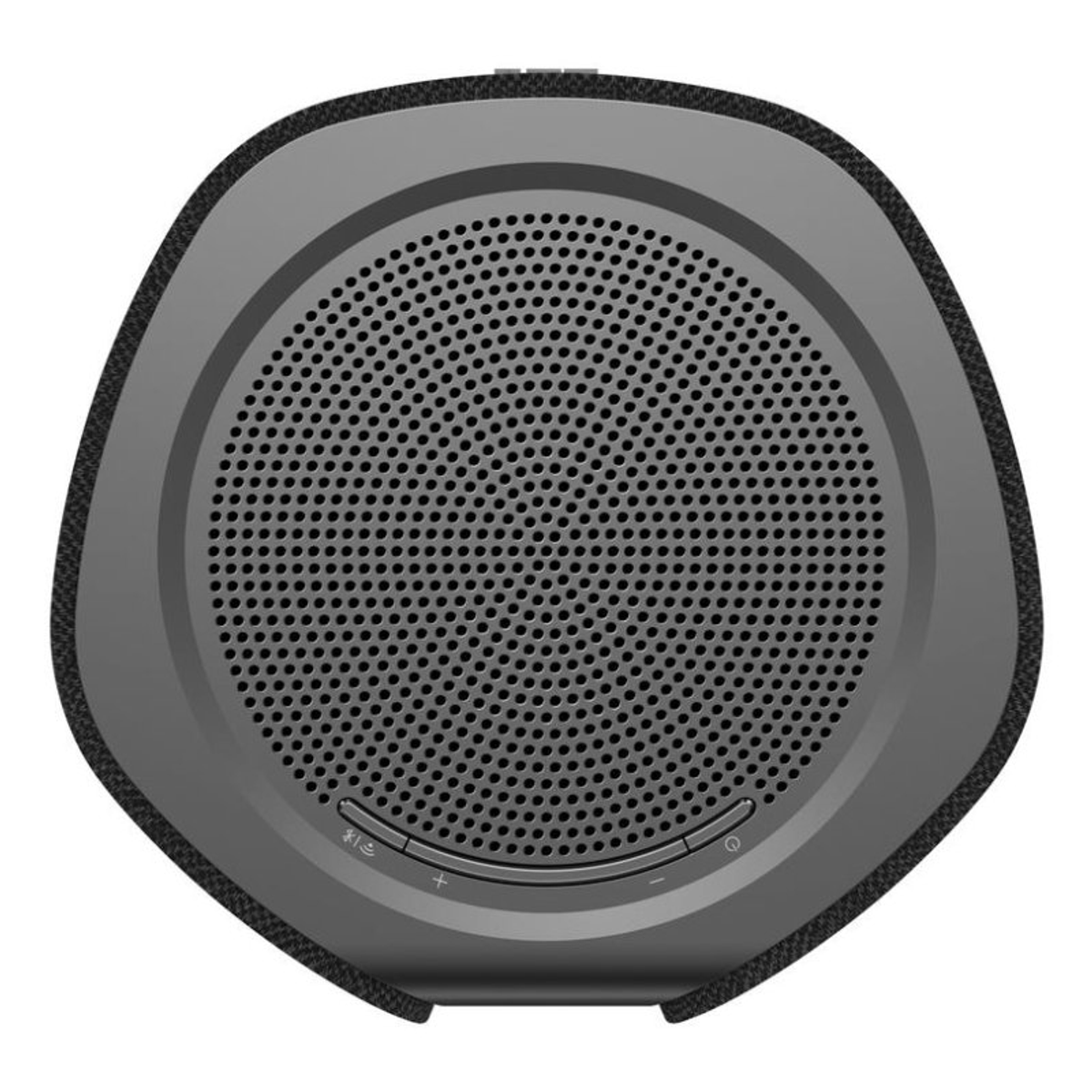 Vista superior de un altavoz de conferencia gris oscuro con una rejilla perforada circular y botones.