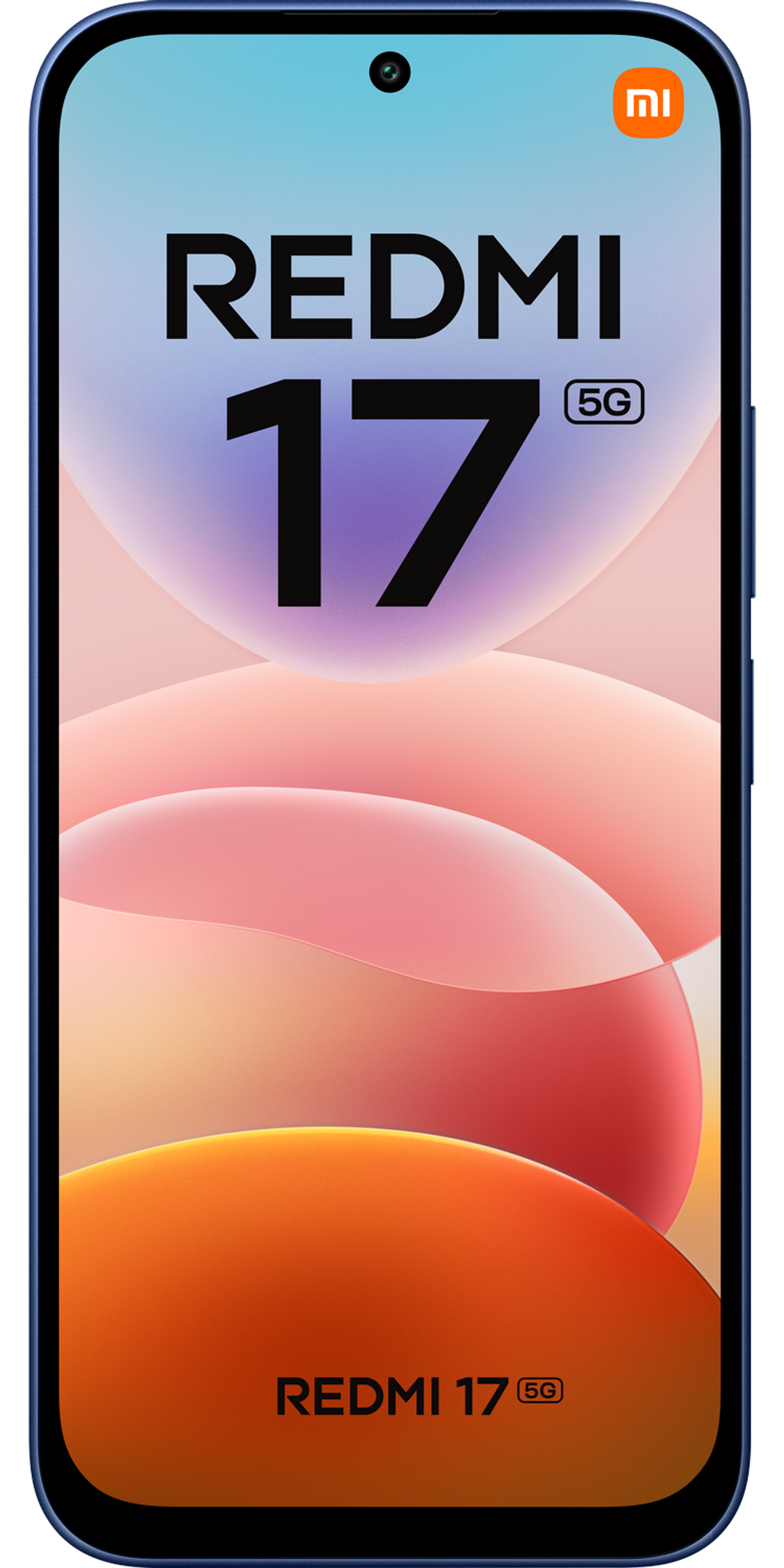 Smartphone-Vorderseite zeigt einen bunten Bildschirm mit der Aufschrift Redmi 17 5G.