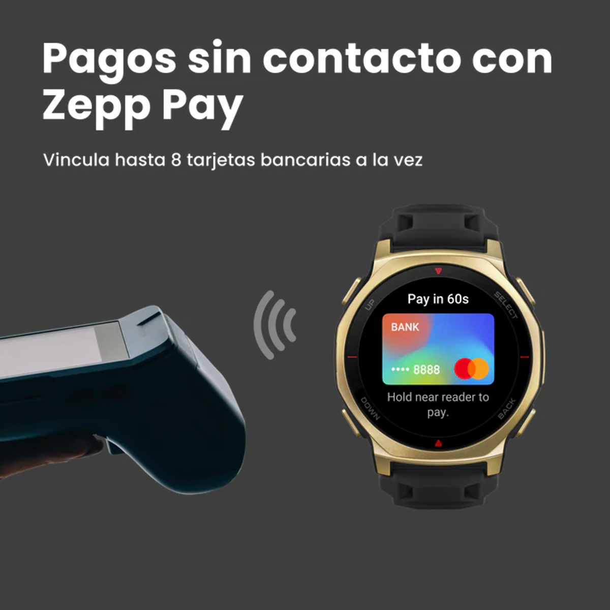 A gold smartwatch displays a bank card, making a contactless payment near a reader.