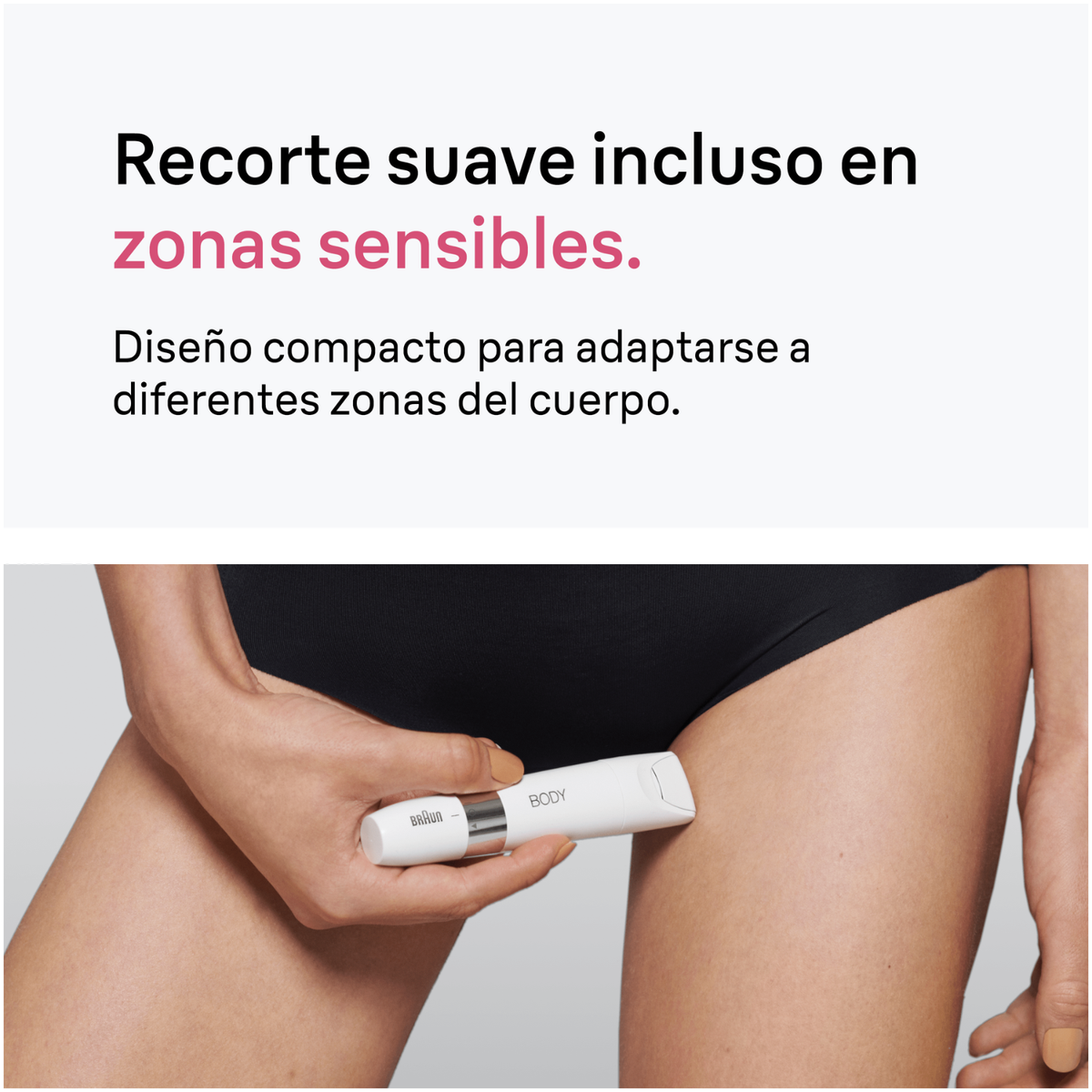 Mano tiene un rifinitore corpo Braun bianco vicino all'inguine con testo sopra.