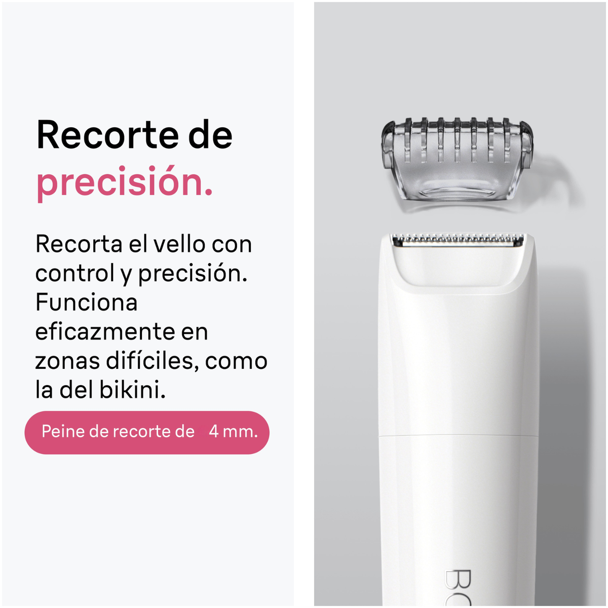 Rifinitore di precisione con pettine da 4 mm e testo sul taglio delicato.