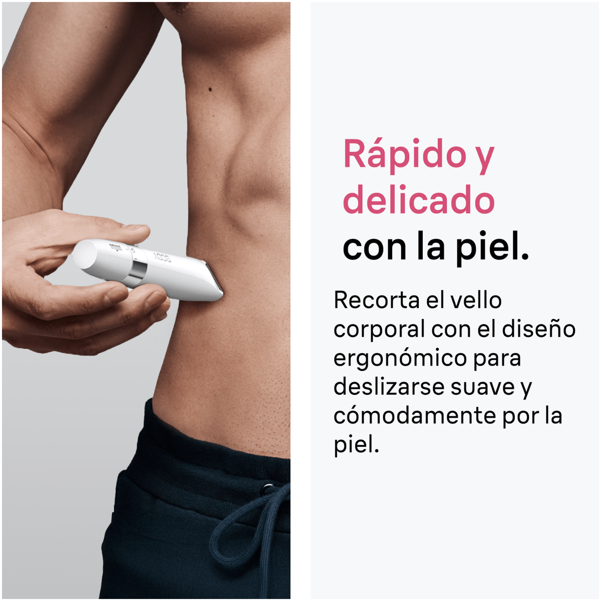 Un uomo tiene un rifinitore bianco sull'addome, con testo a destra.