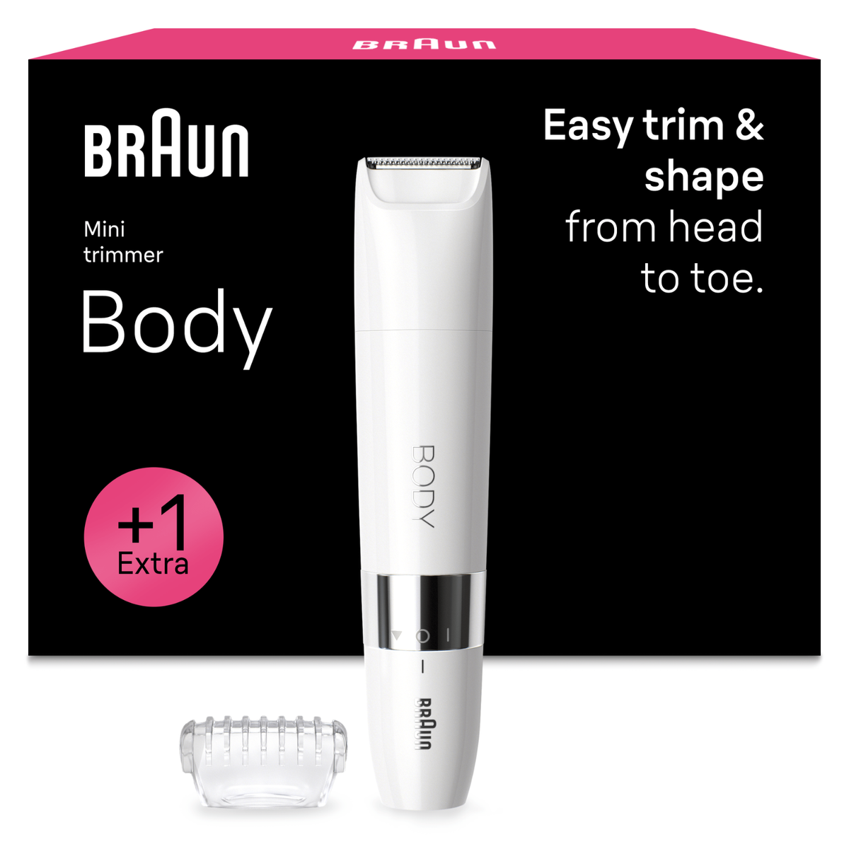 Un mini rifinitore corpo Braun bianco con un accessorio a pettine davanti e la confezione nera sullo sfondo.