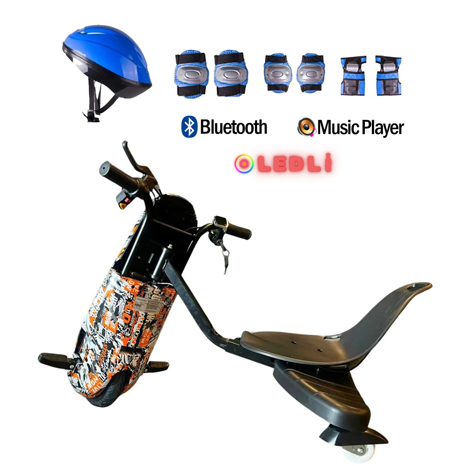 Turuncu grafikli siyah drift trike, mavi kask, koruyucular ve Bluetooth müzik çalar simgeleriyle birlikte.