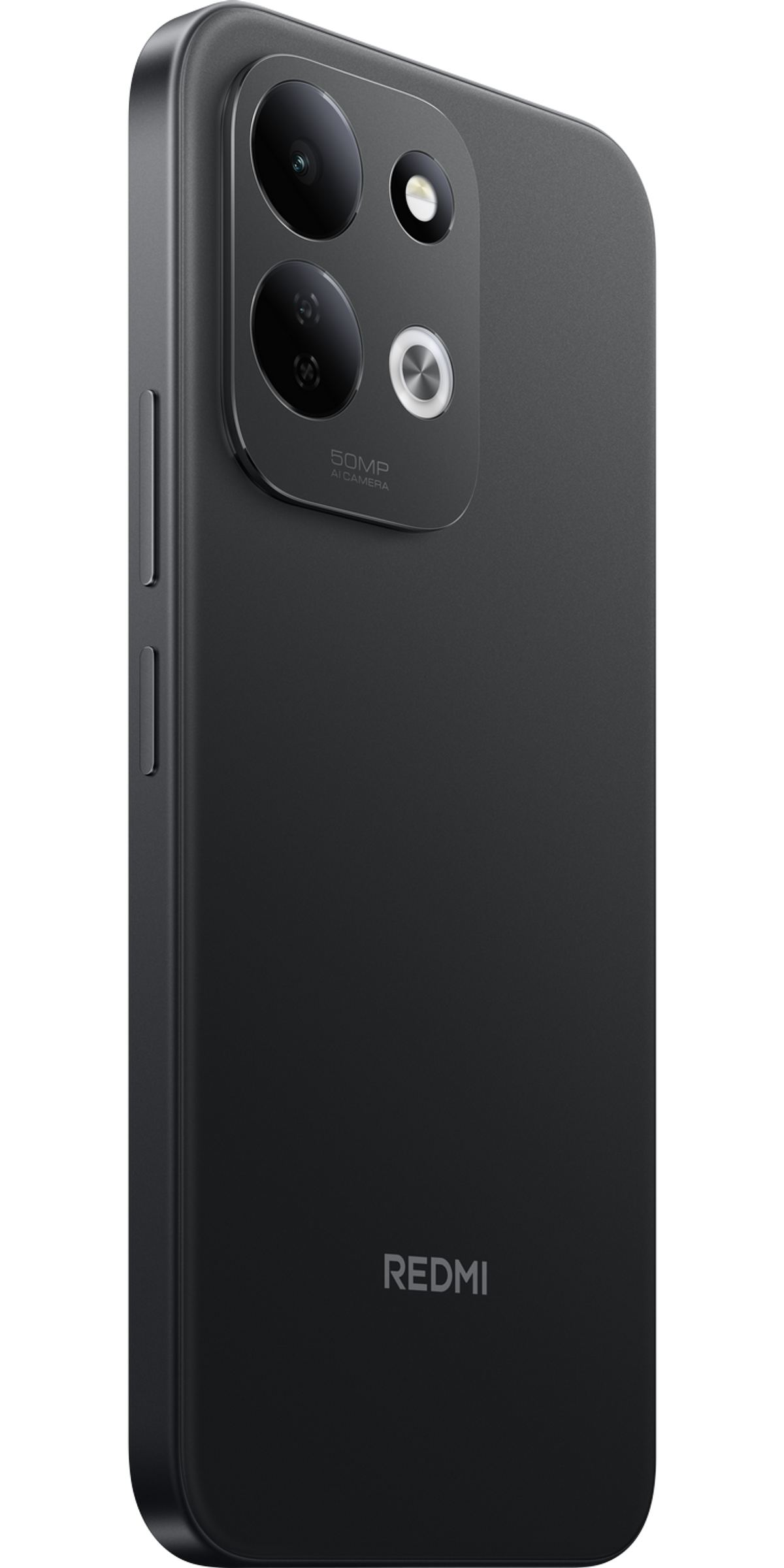 Rückseite eines schwarzen Redmi-Smartphones mit Doppel-Kamera und Blitz auf schwarzem Hintergrund.