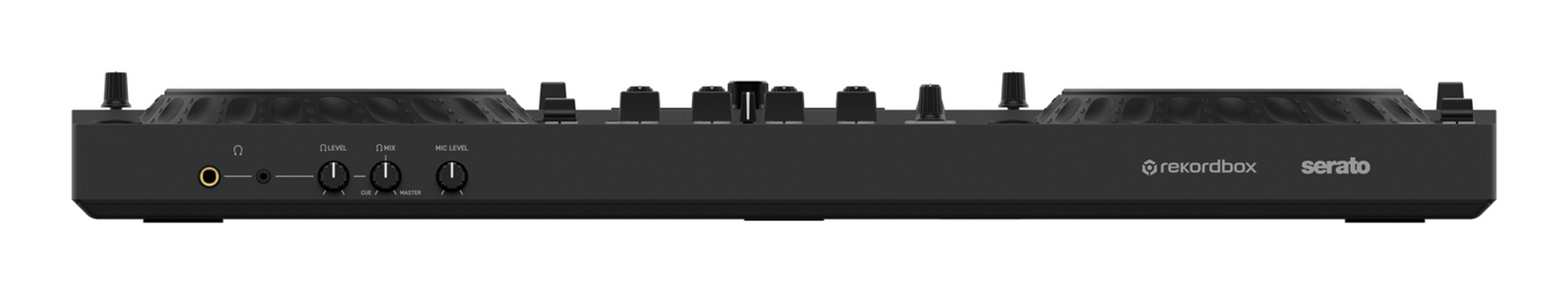 Vorderansicht eines schwarzen DJ-Controllers mit Knöpfen und Anschlüssen.