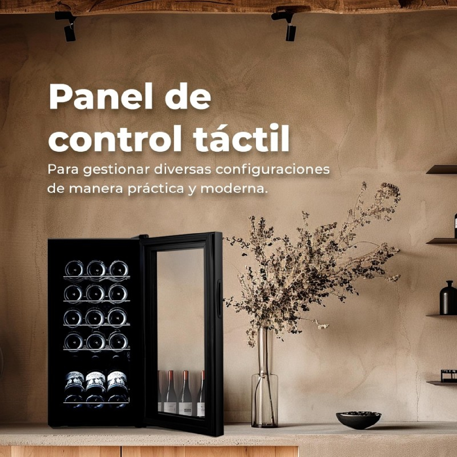 Vinoteca negra con puerta de cristal sobre encimera, junto a florero con flores secas y estantes.
