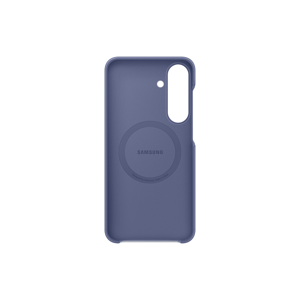 Interno di una custodia per telefono Samsung viola con anello magnetico circolare su sfondo bianco.