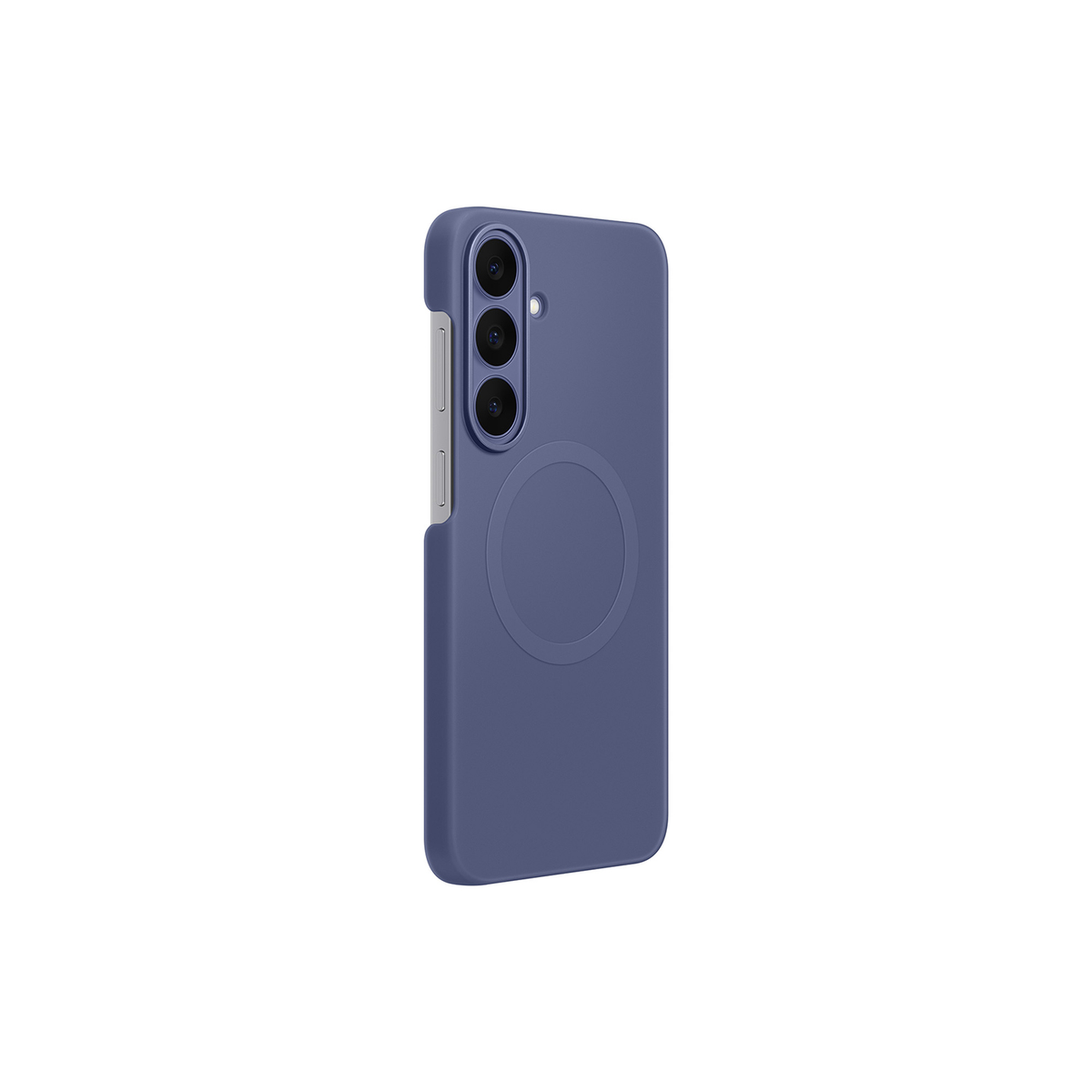 Una custodia per smartphone viola opaco con tre fori per la fotocamera e un anello circolare sul retro.