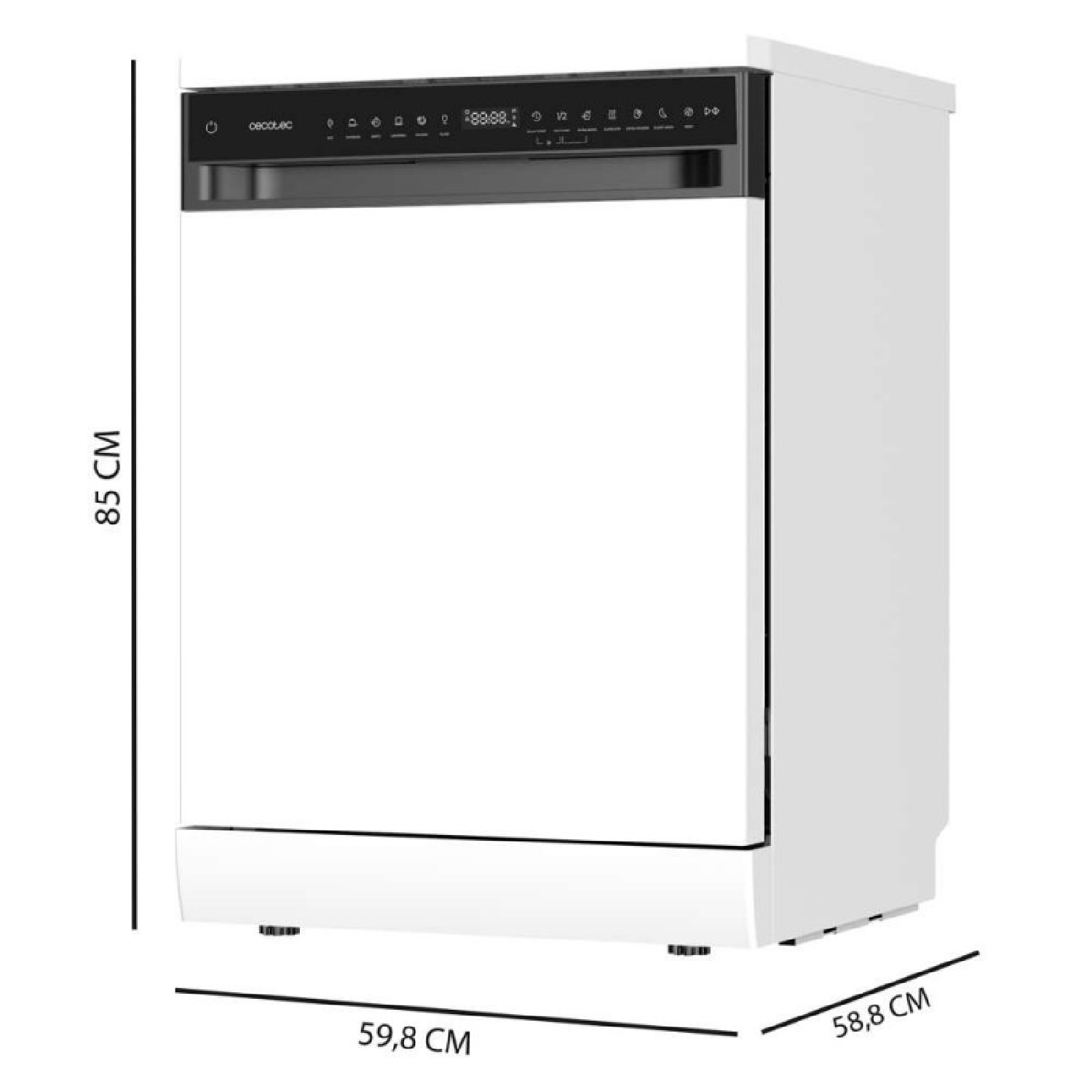 Lavavajillas blanco con dimensiones: 85 cm de alto, 59,8 cm de ancho, 58,8 cm de fondo.