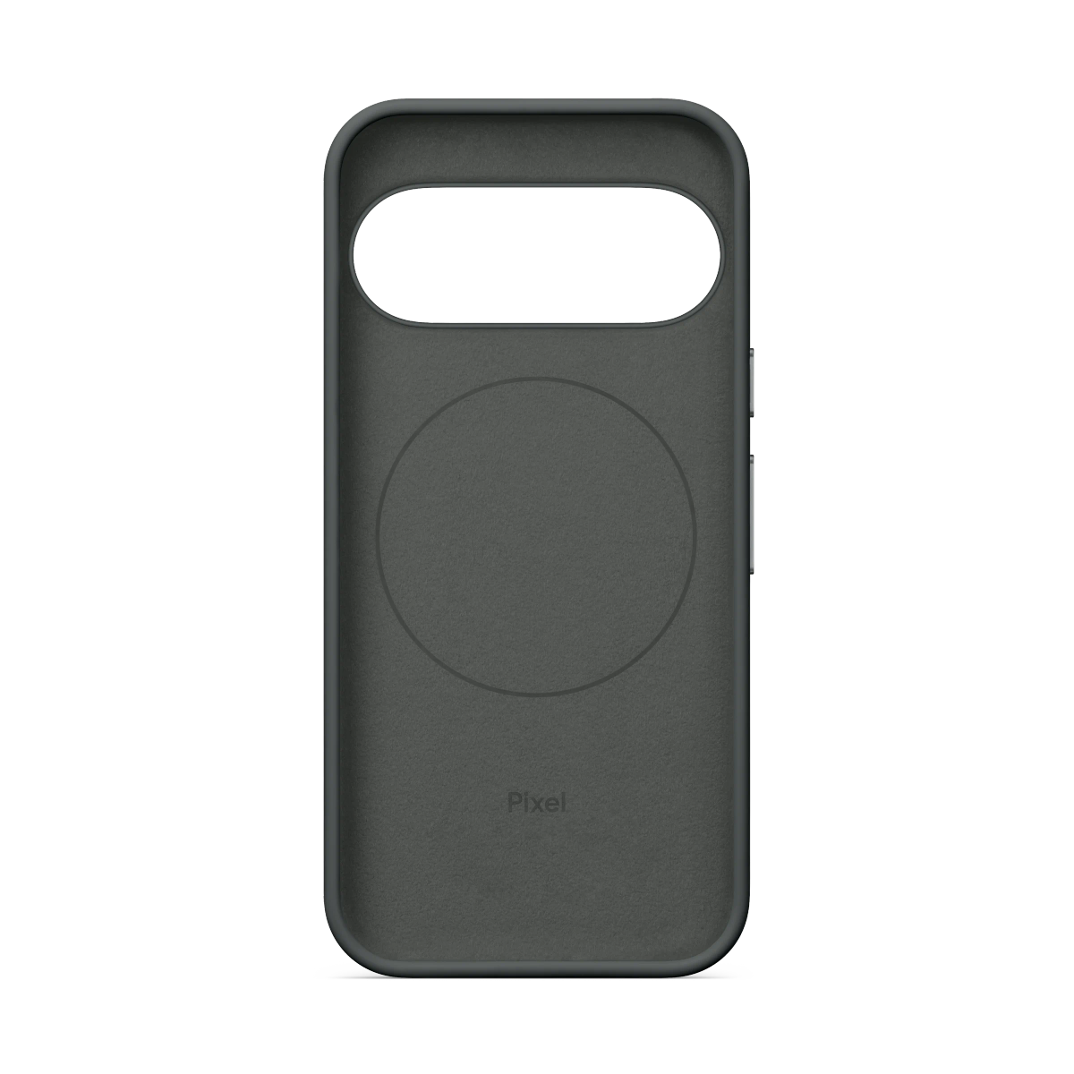 Vista interna di una custodia per smartphone Pixel grigio scuro con anello magnetico circolare e logo Pixel.