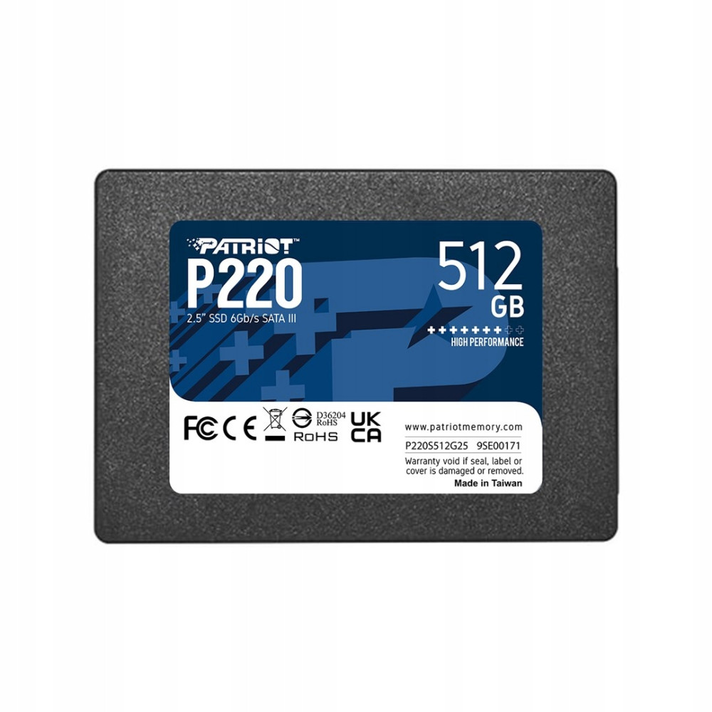 Patriot P220 512GB 2.5-Zoll-SSD mit blauschwarzem Etikett, Regulierungslogos und Text auf weißem Grund.