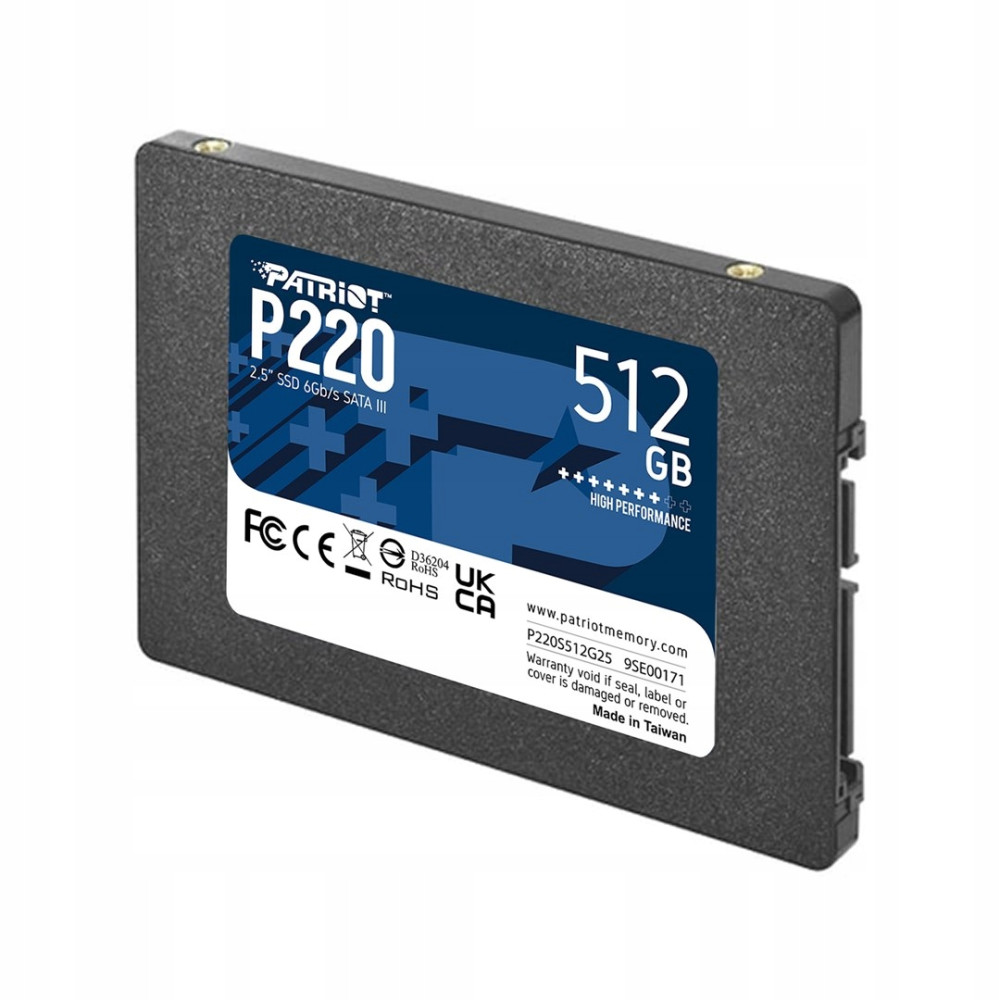 Schwarze Patriot P220 512GB 2,5-Zoll-SATA-III-SSD mit blau-weißem Etikett.