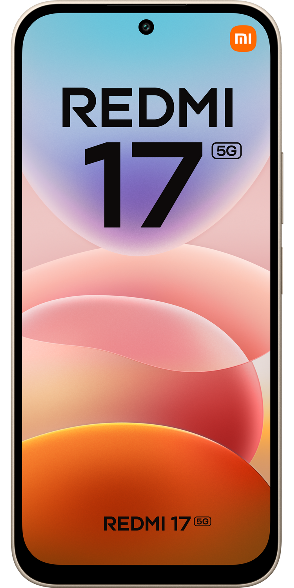 Vista frontale dello smartphone Redmi 17 5G con grafiche di sfondo colorate e logo Xiaomi.